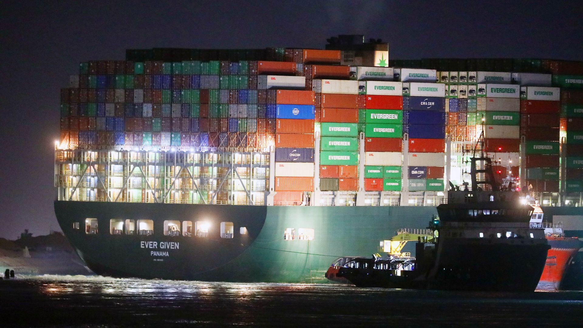 Tugboat and Ever Given ship