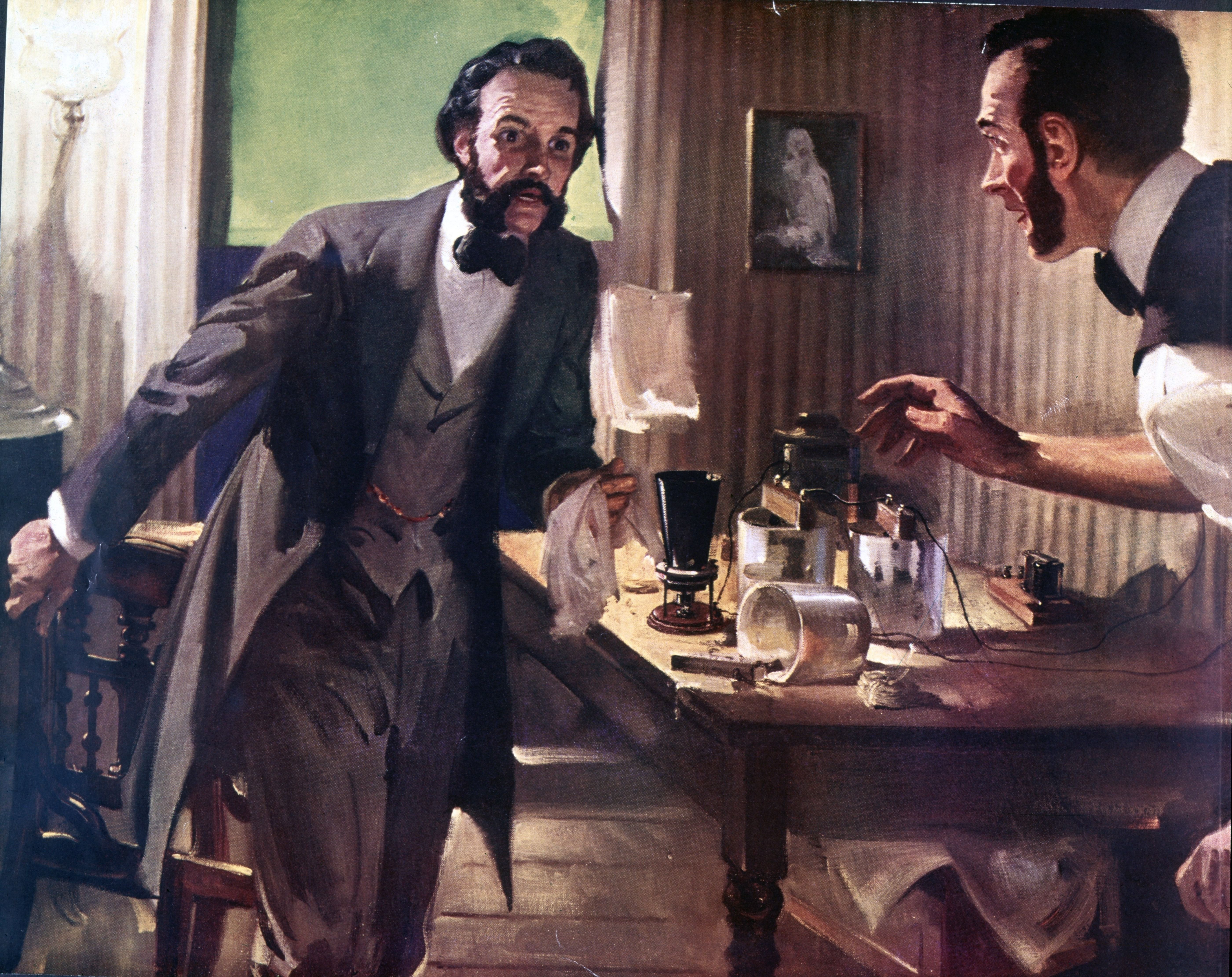A painting of Alexander Graham Bell and Thomas Watson transmitting the first phone call in 1876. 