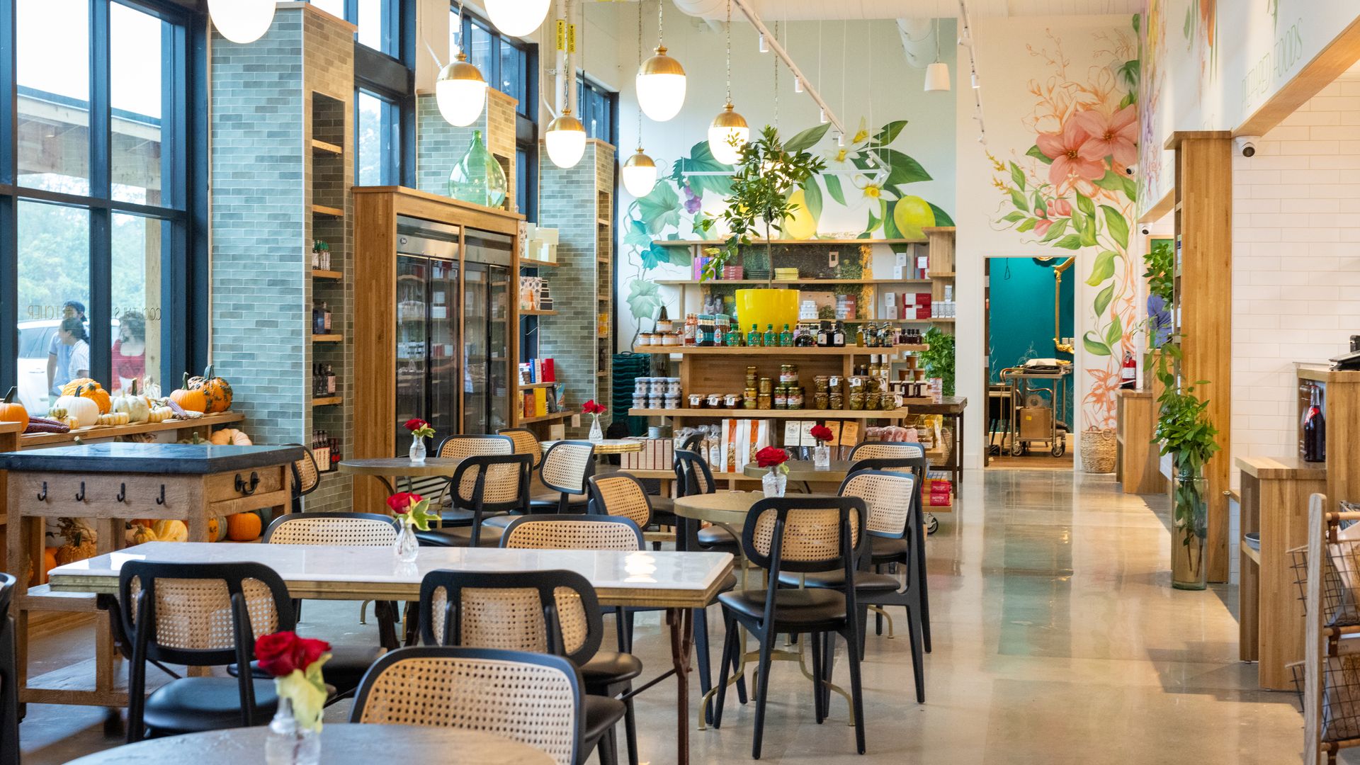 Inside of a restaurants with tables 