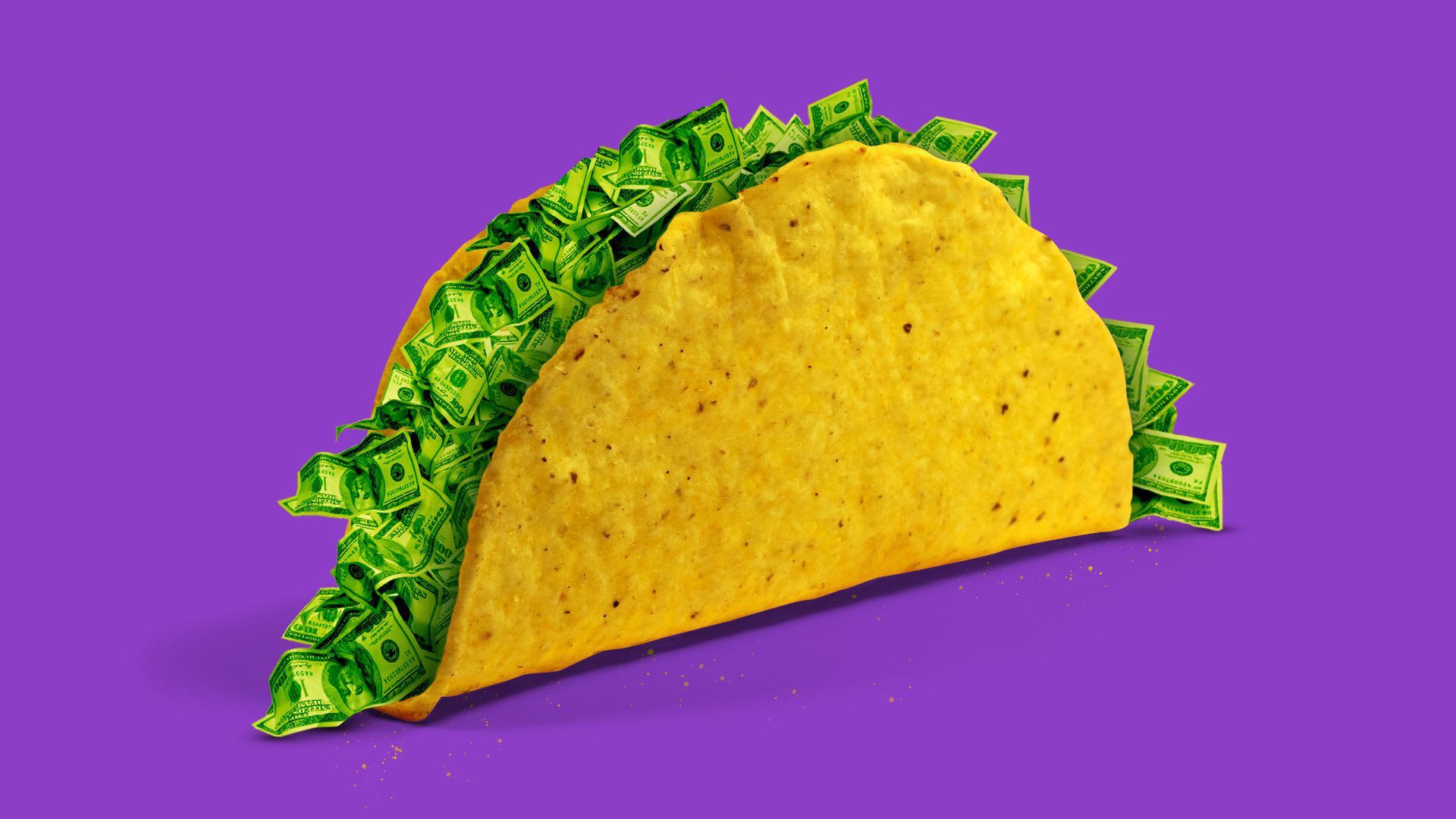 An illustration of a taco filled with dollar bills. 