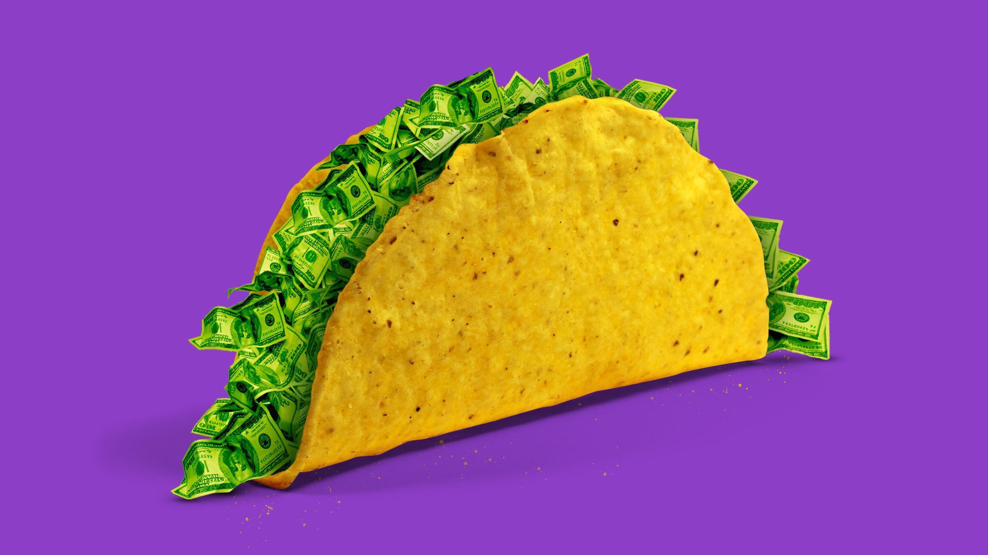 An illustration of a taco filled with dollar bills.