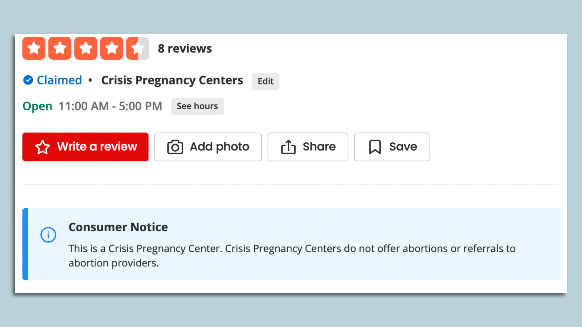 Screenshot of a notice on a Yelp listing of a crisis pregnancy center