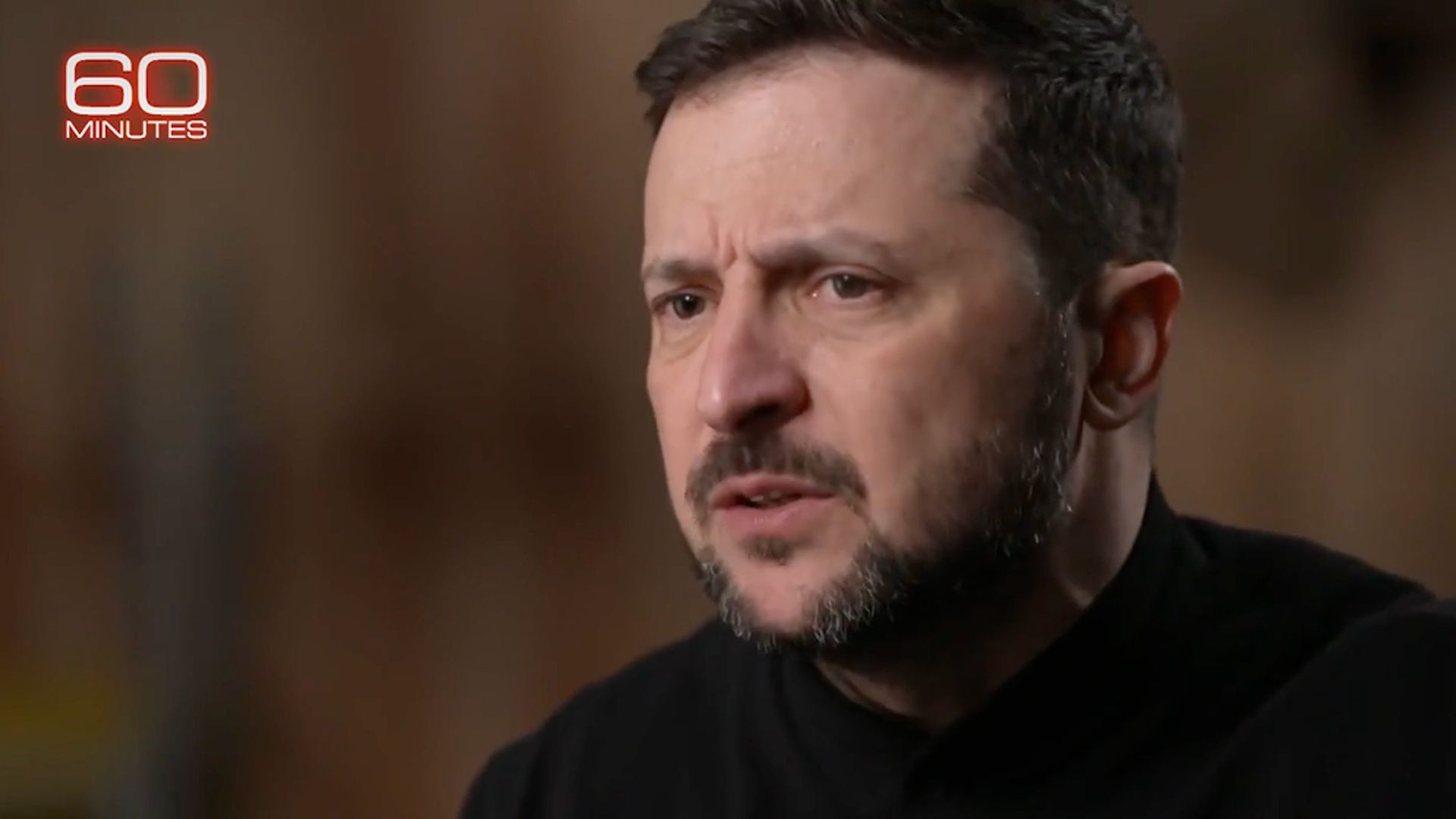 A screenshot of President Volodymyr Zelensky speaking during his "60 Minutes" interview.