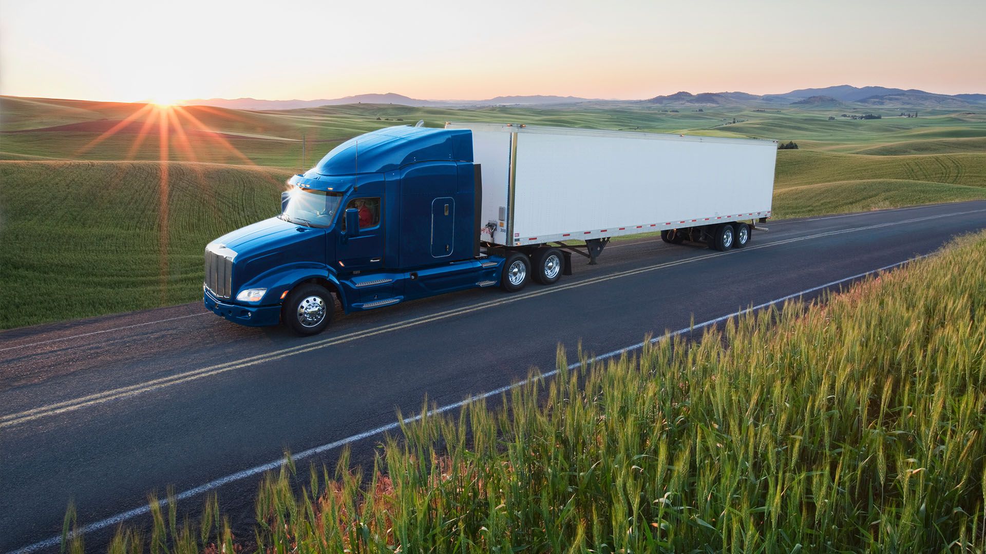 A blue and white tractor trailer driving on a road. 