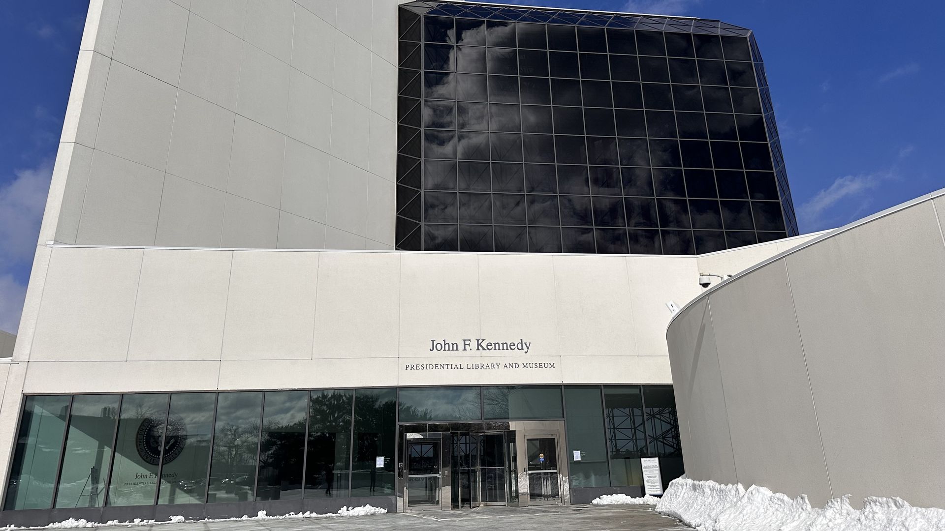 A photo of the outside of the John F. Kennedy Presidential Library in Boston