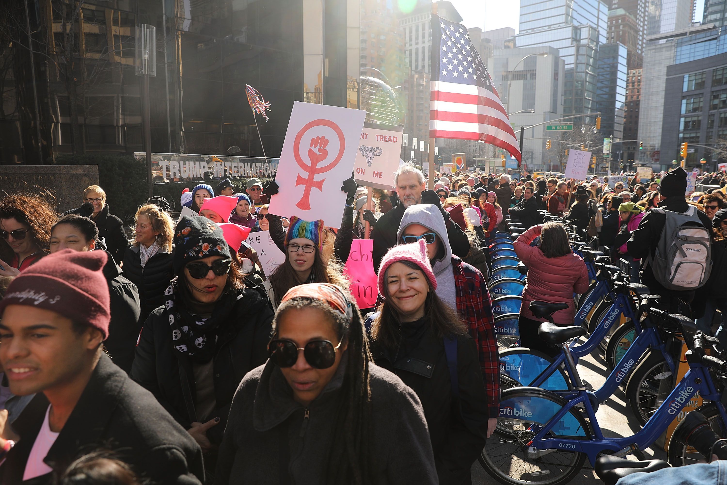 Thousands hold signs and rally in New York.