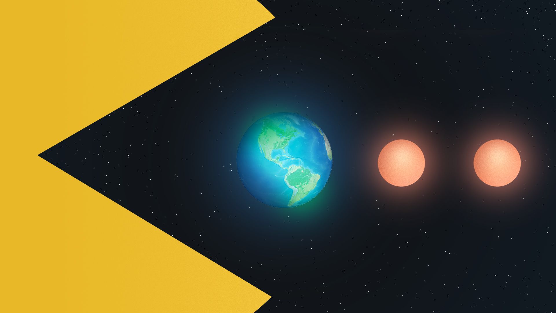 Illustration of PacMan's mouth about to eat a glowing Earth.
