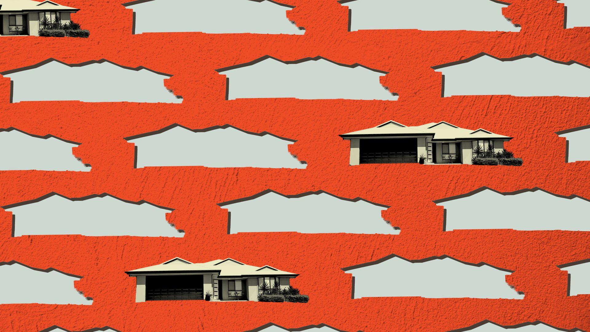 Illustration of a pattern of houses, most of them cut out with emptiness behind them.