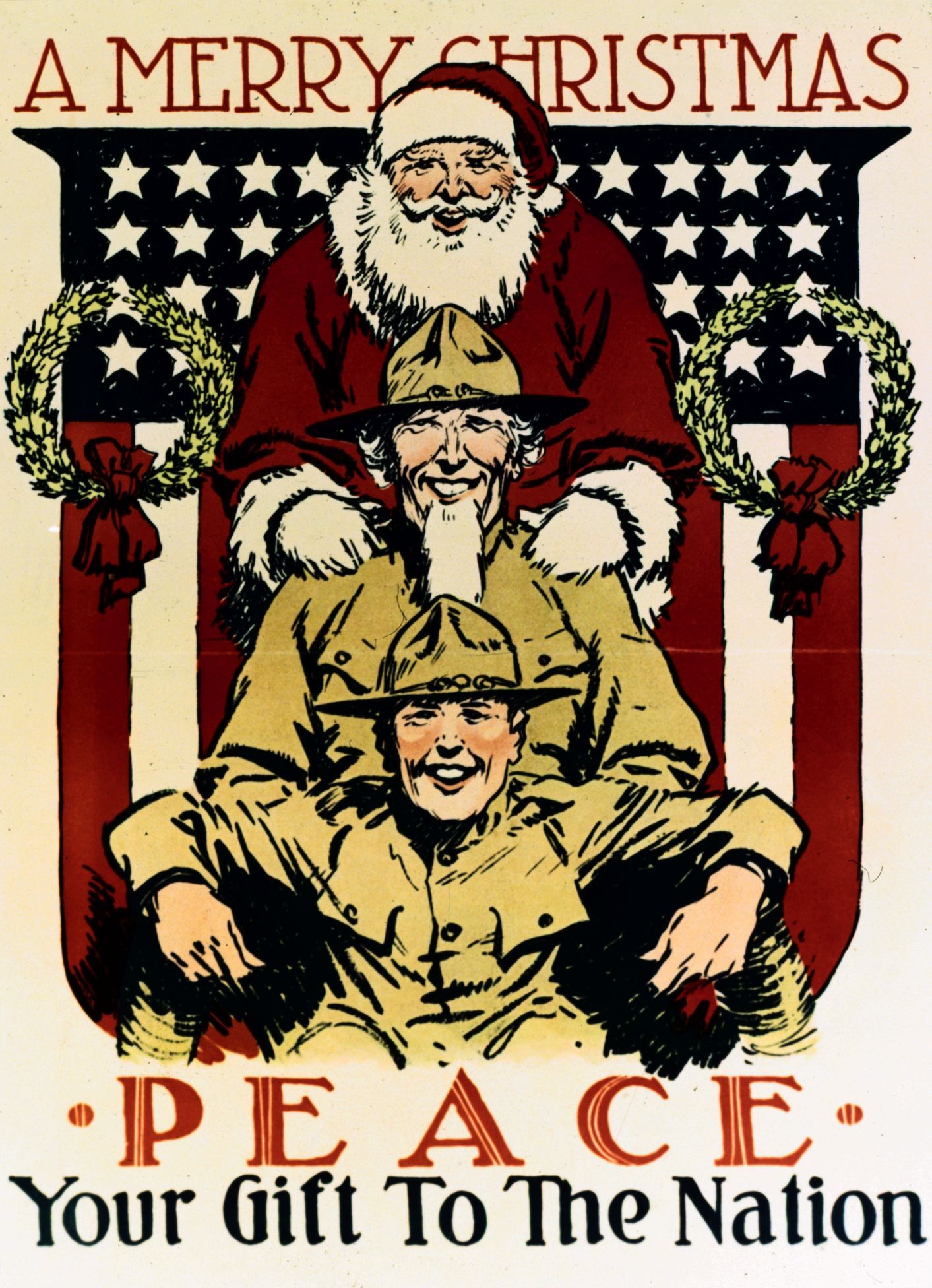 Santa Clause, Uncle Sam and a solider.