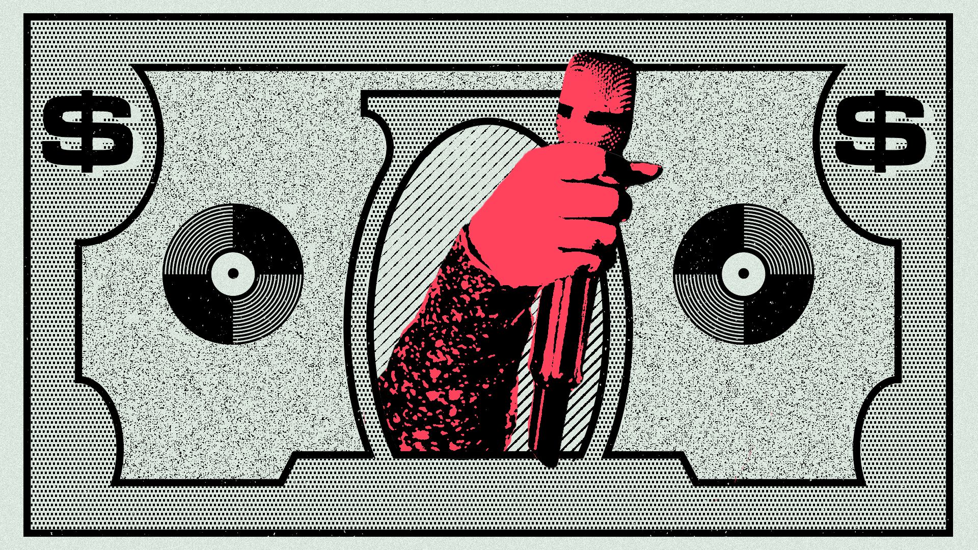 Photo illustration of BeyoncΓ©'s hand holding a microphone in a dollar design resembling an early Hip-hop concert flyer.