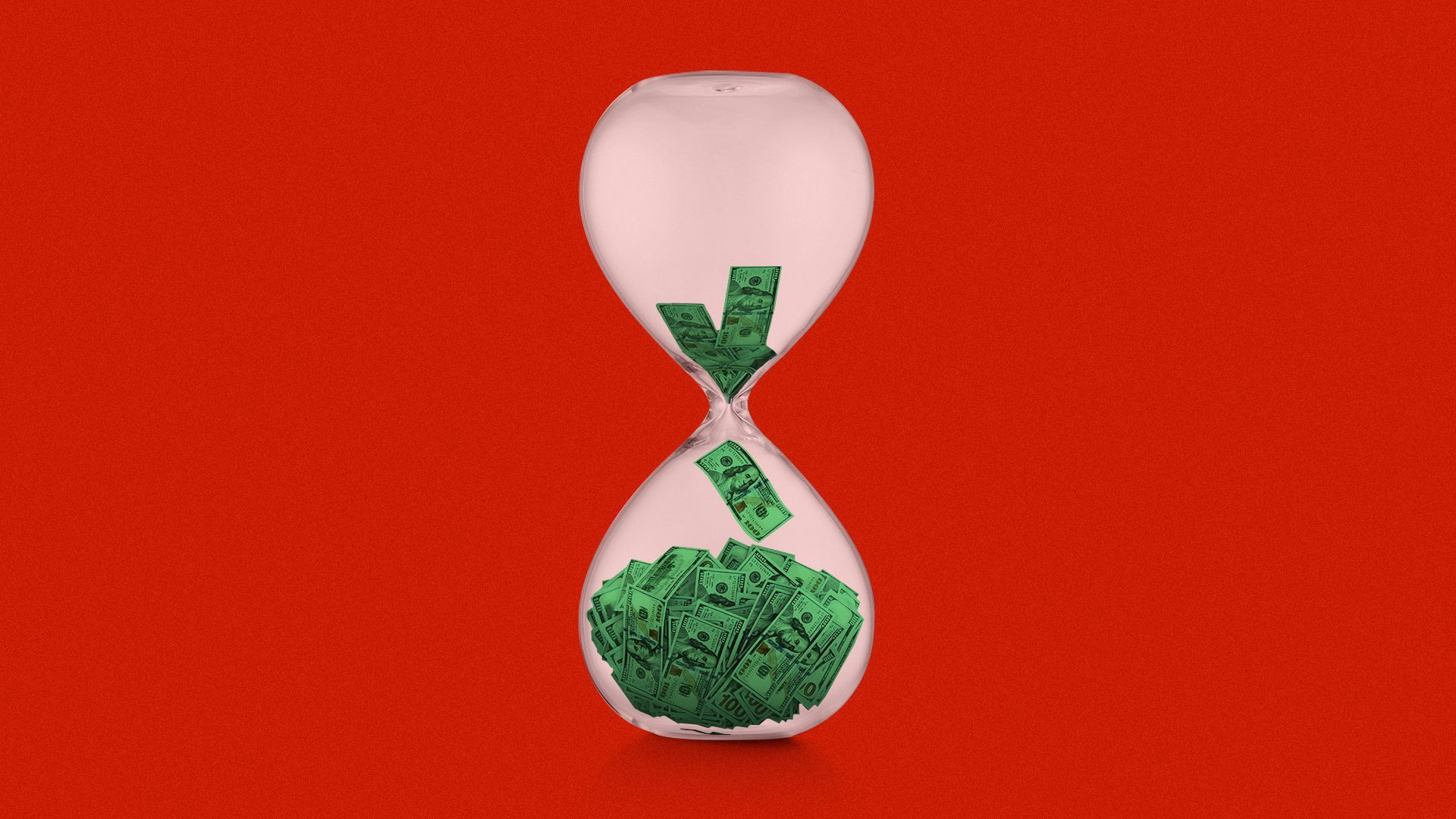 Illustration of an hourglass with money pouring through, top half is almost empty.