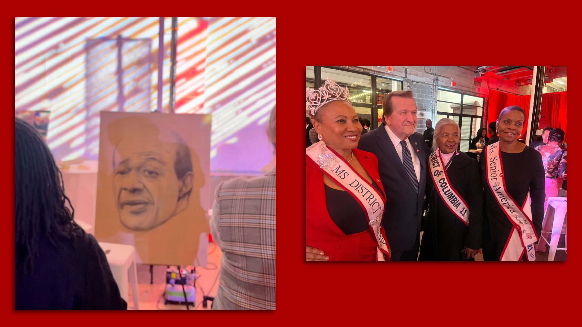 Photo collage: A sketch of Marion Barry and a photo of Ms. District of Columbia pageant queens with Shadow Senator Michael D. Brown