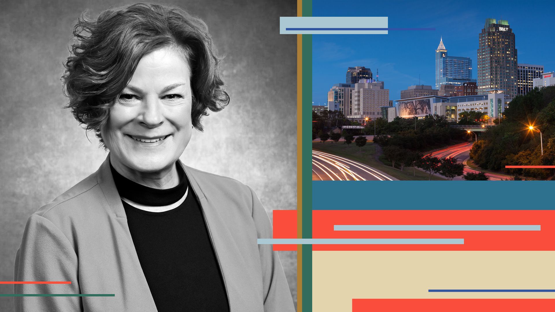 Photo illustration collage of Mary-Ann Baldwin with abstract shapes and the city of Raleigh.