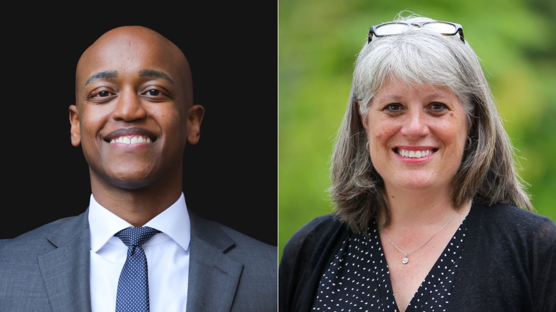 Side-by-side portraits of Girmay Zahilay at left, smiling in a gray suit with white shirt and patterned tie against a black background, and at left, Claudia Balducci smiling woman while wearing a black cardigan and patterned blouse outdoors.