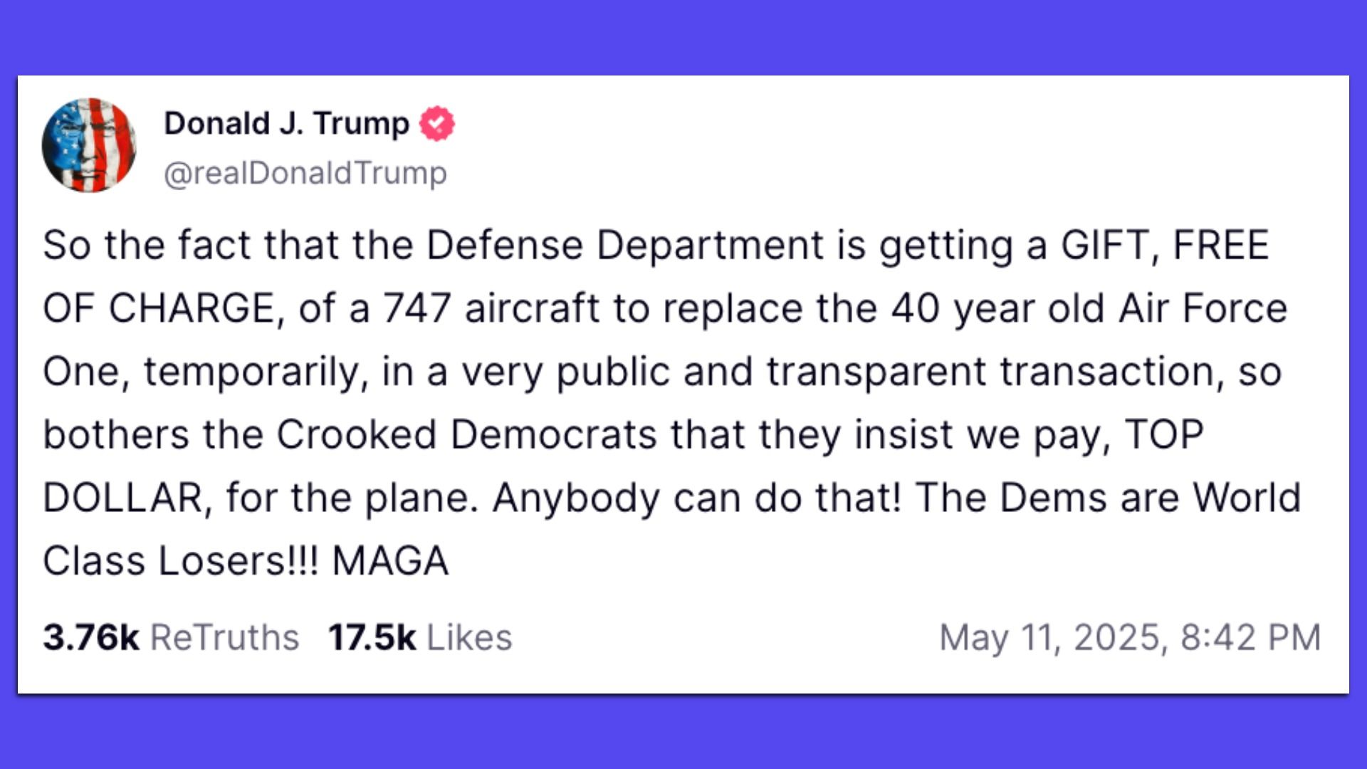 Trump Truth Social post on the plane gift.