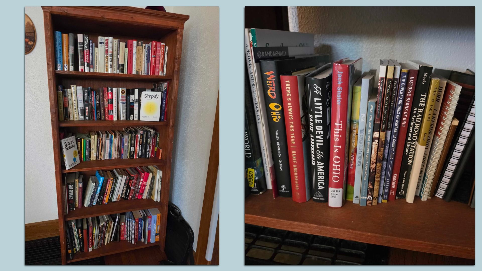 Two photos of bookshelves on a blue background. Left: tall wooden shelf crowded with books; a "Simplify" title visible. Right: close-up of colorful spines, including Ohio-themed titles.