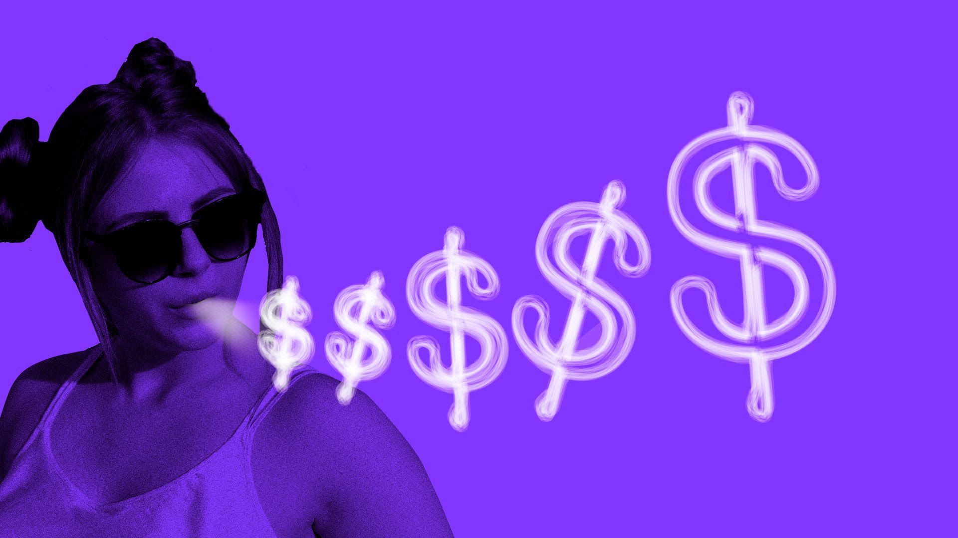 Illustration of a woman puffing out dollar signs after vaping.