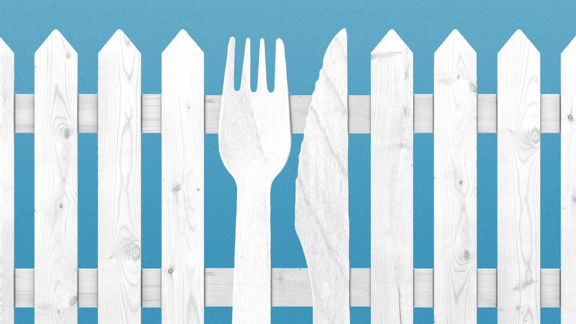 Illustration of a white picket fence, with two of the posts replaced with oversized silverware.