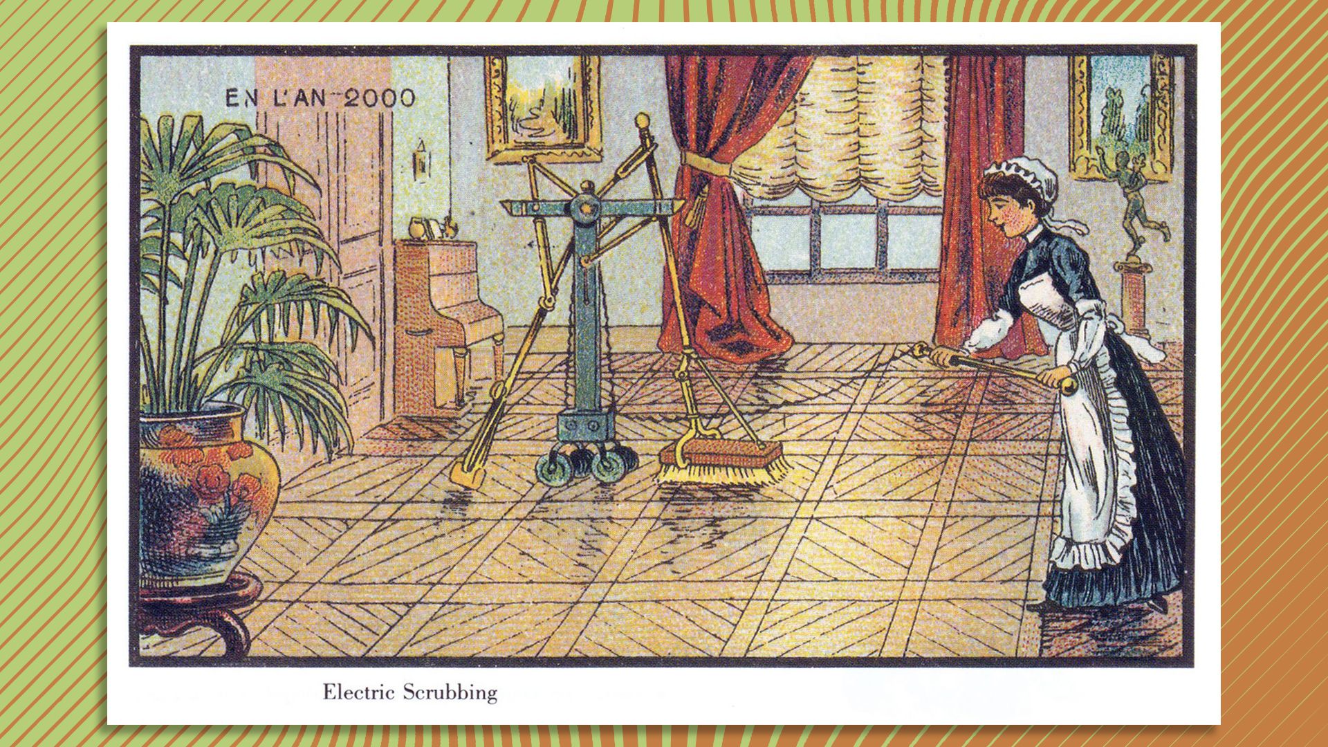 Hand drawn picture of a maid in the 1900s directing a robot to clean the floors.