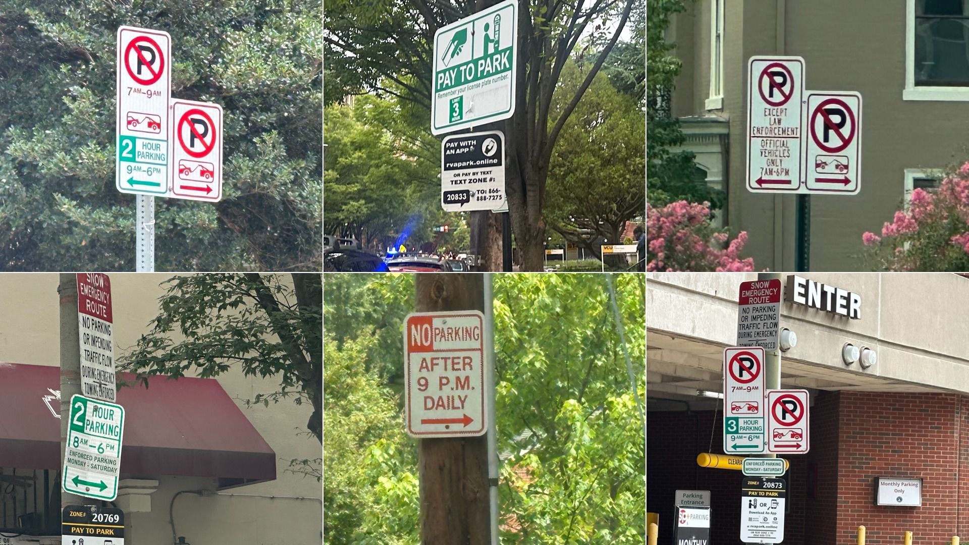 Nine-panel collage of city street signs showing numerous No Parking notices, a large Pay to Park sign, parking meters, and trees and buildings in the background.