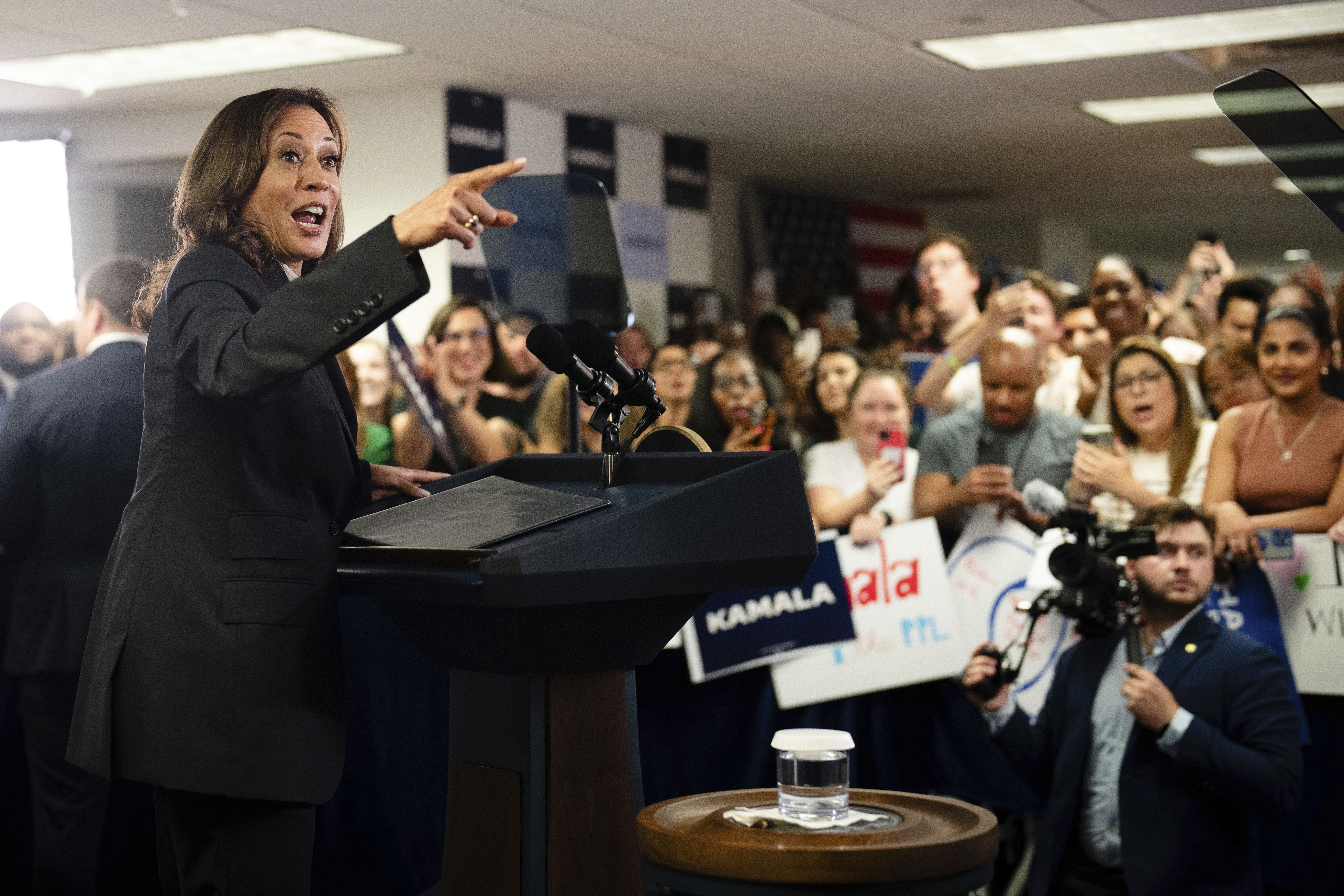 Vice President Kamala Harris speaks at her campaign headquarters in Wilmington, Del., yesterday.