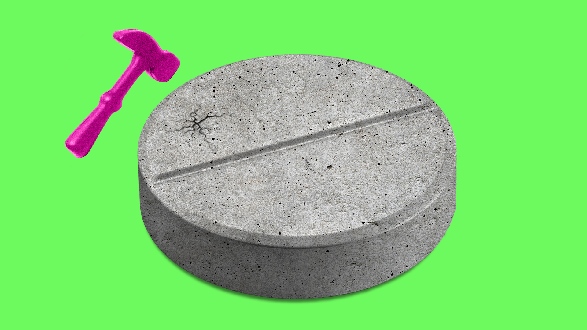 An illustration of a hammer cracking a concrete pill.