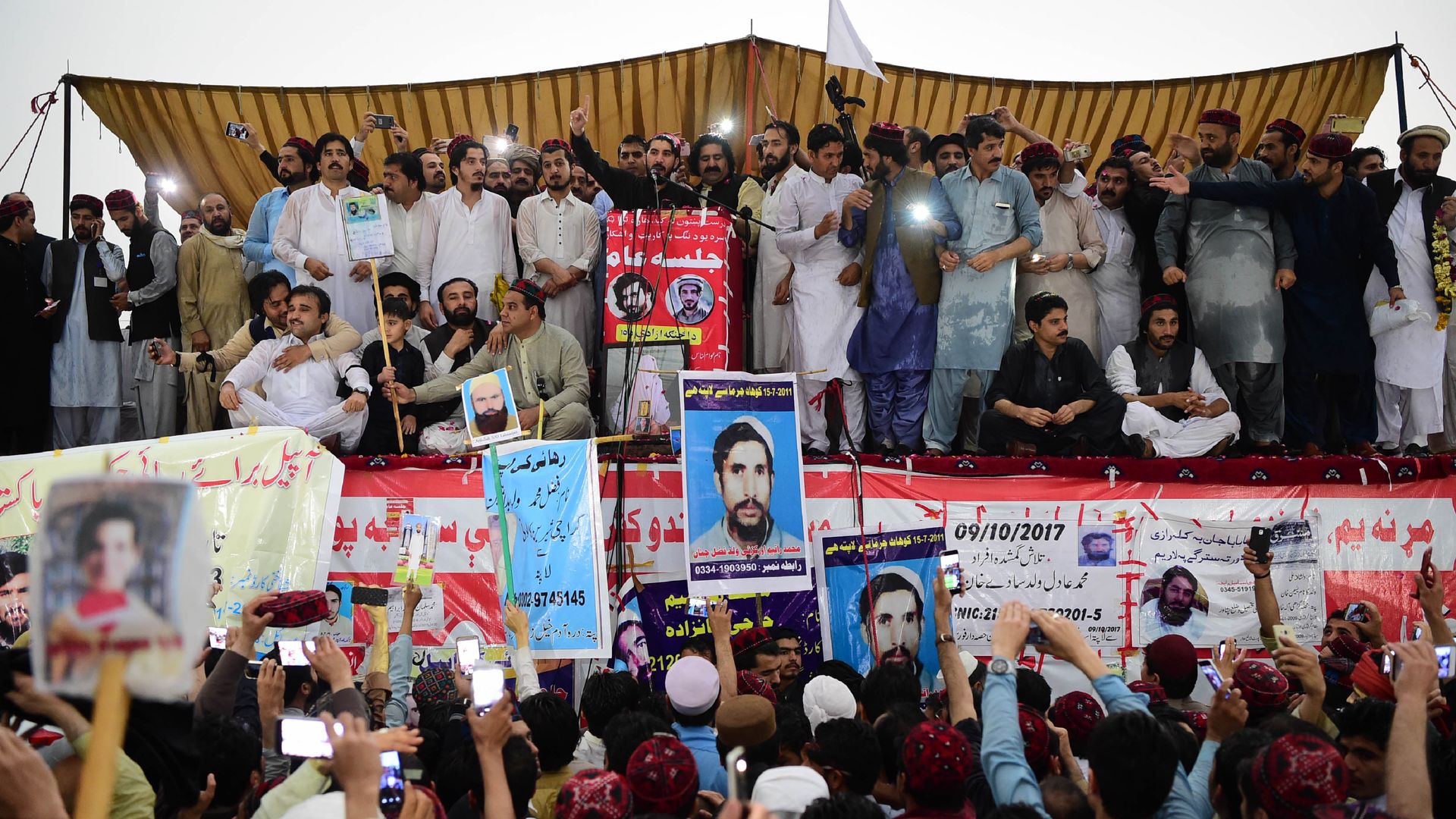 Demonstrators of Pashtun Protection Movement gather at a public rally in Peshawar on April 8, 2018.