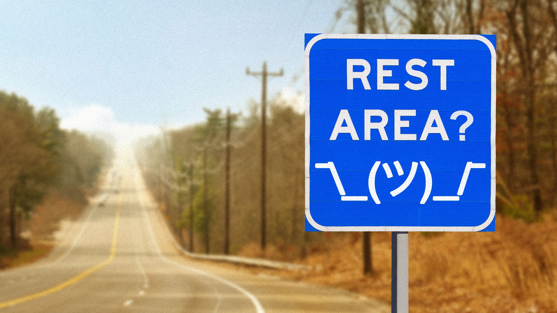 Illustration of a rest area sign that reads "Rest Area?" with a shrugging emoji.