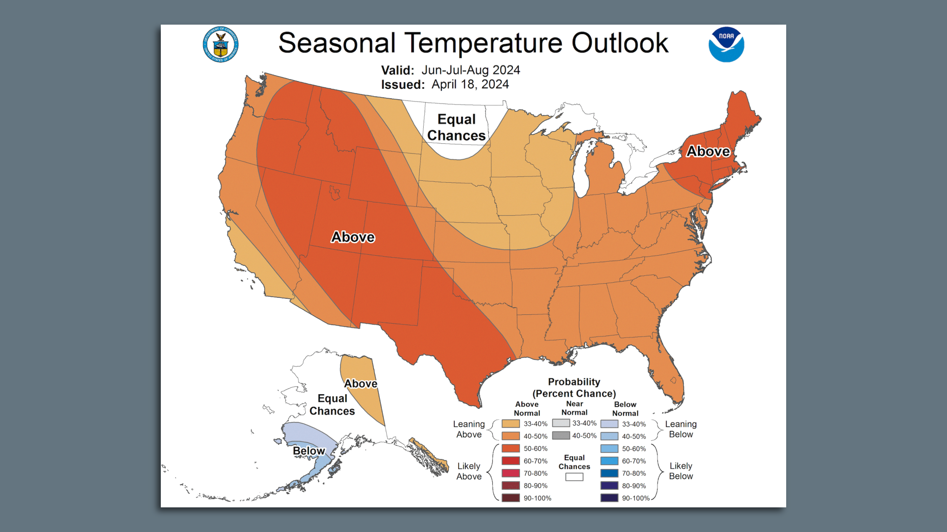 Map showing the likelihood of above, average, and below average temperatures across the U.S. during June, July and Aug. 2024. 