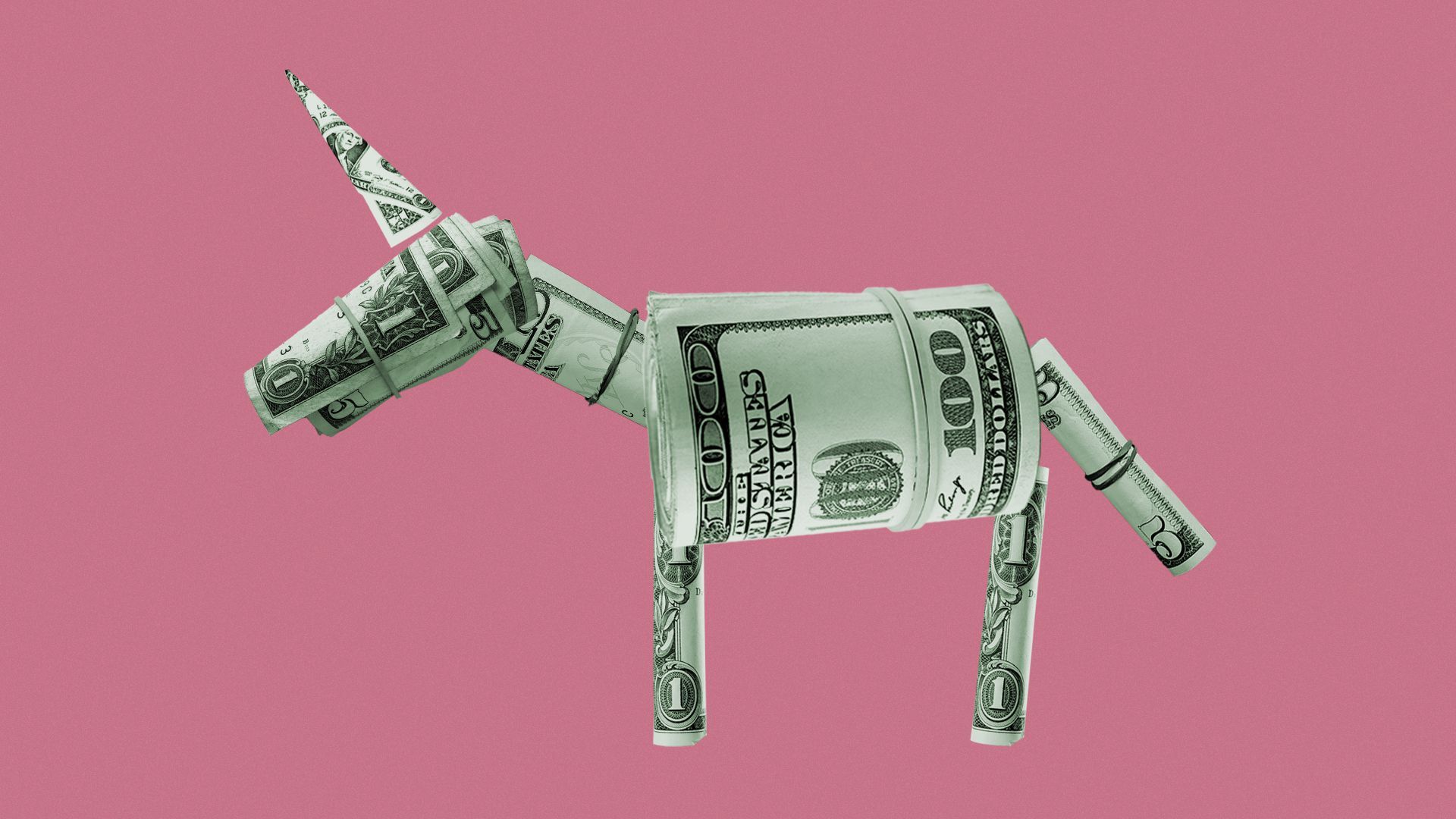 Illustration of a unicorn made from rolls of cash