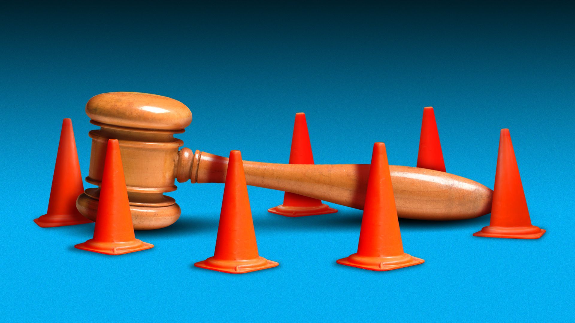Illustration of a large gavel surrounded on all sides by orange traffic cones