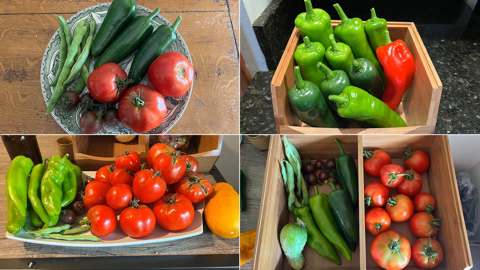 A grid of peppers, tomatoes, green beans and smaller tomatoes from a homegrown garden