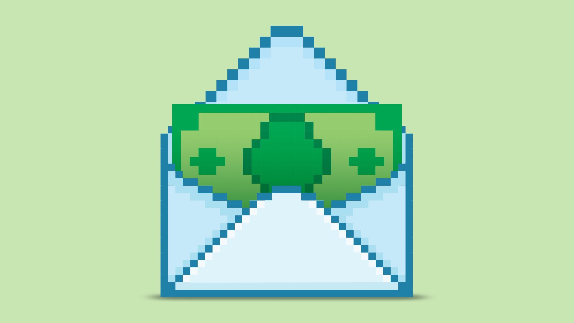 Illustration of an 8-bit envelope with money coming out. 