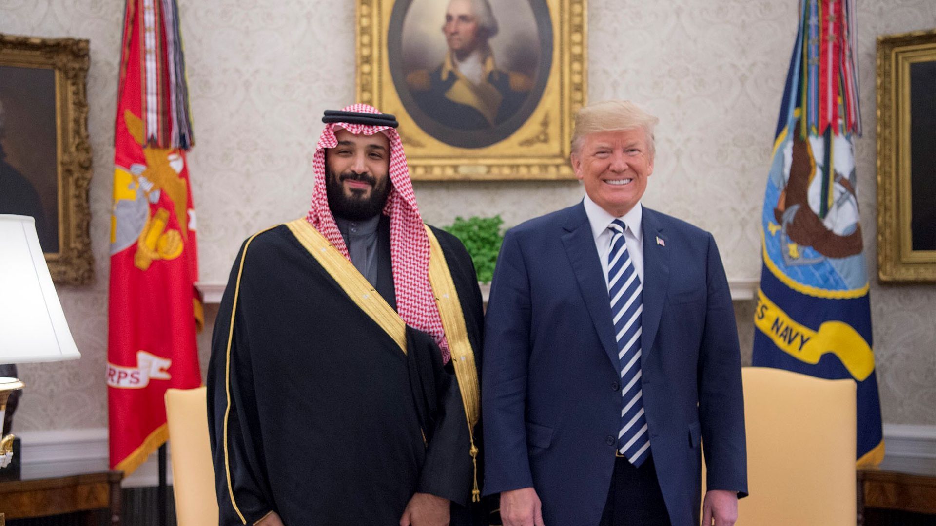 Saudi Crown Prince Mohammed bin Salman stands beside President Trump at the White House