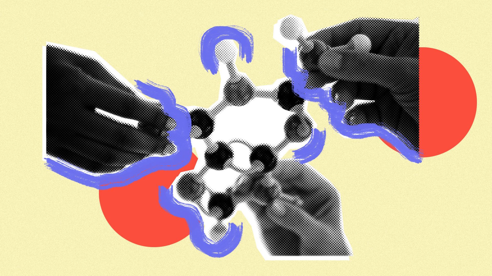 Illustration collage of hands and a molecule model