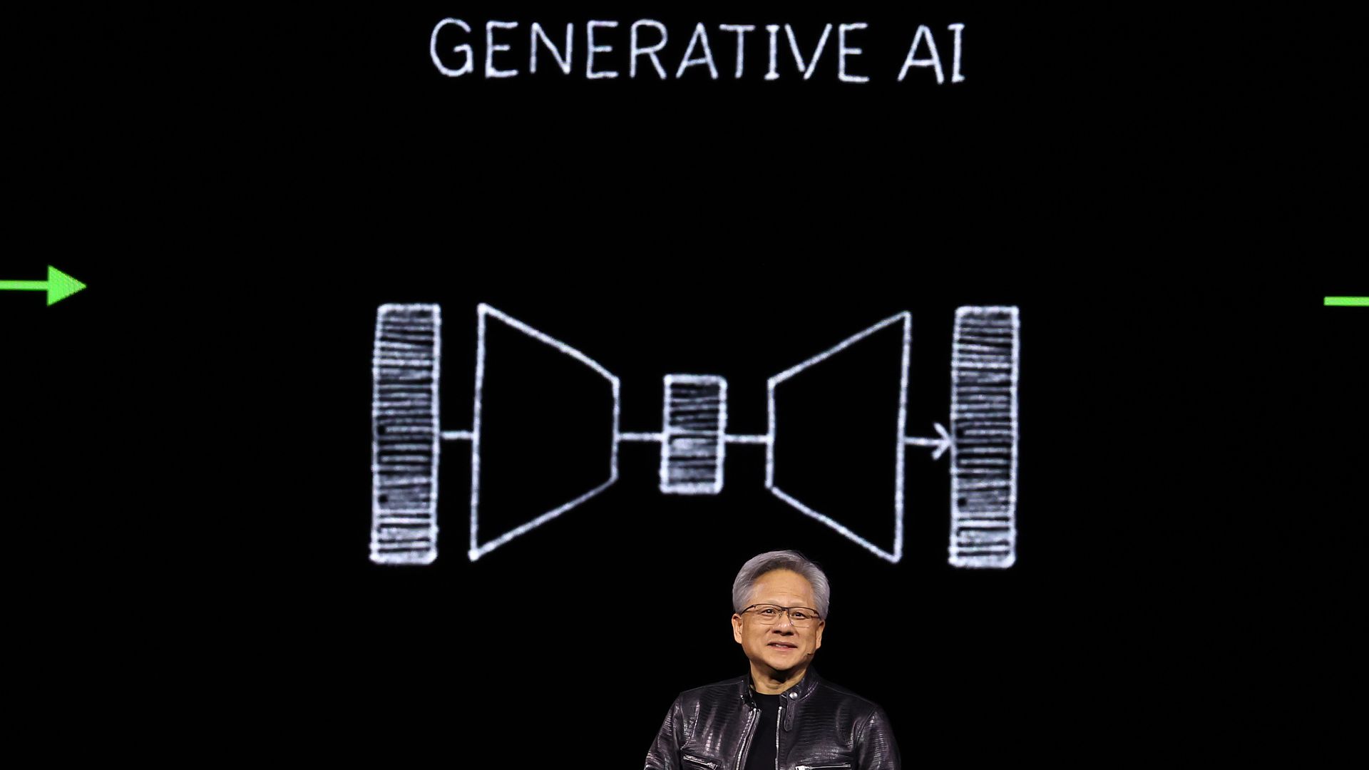  Nvidia CEO Jensen Huan presenting at a conference in front of the words "Generative AI" and a crude chalk drawing. 