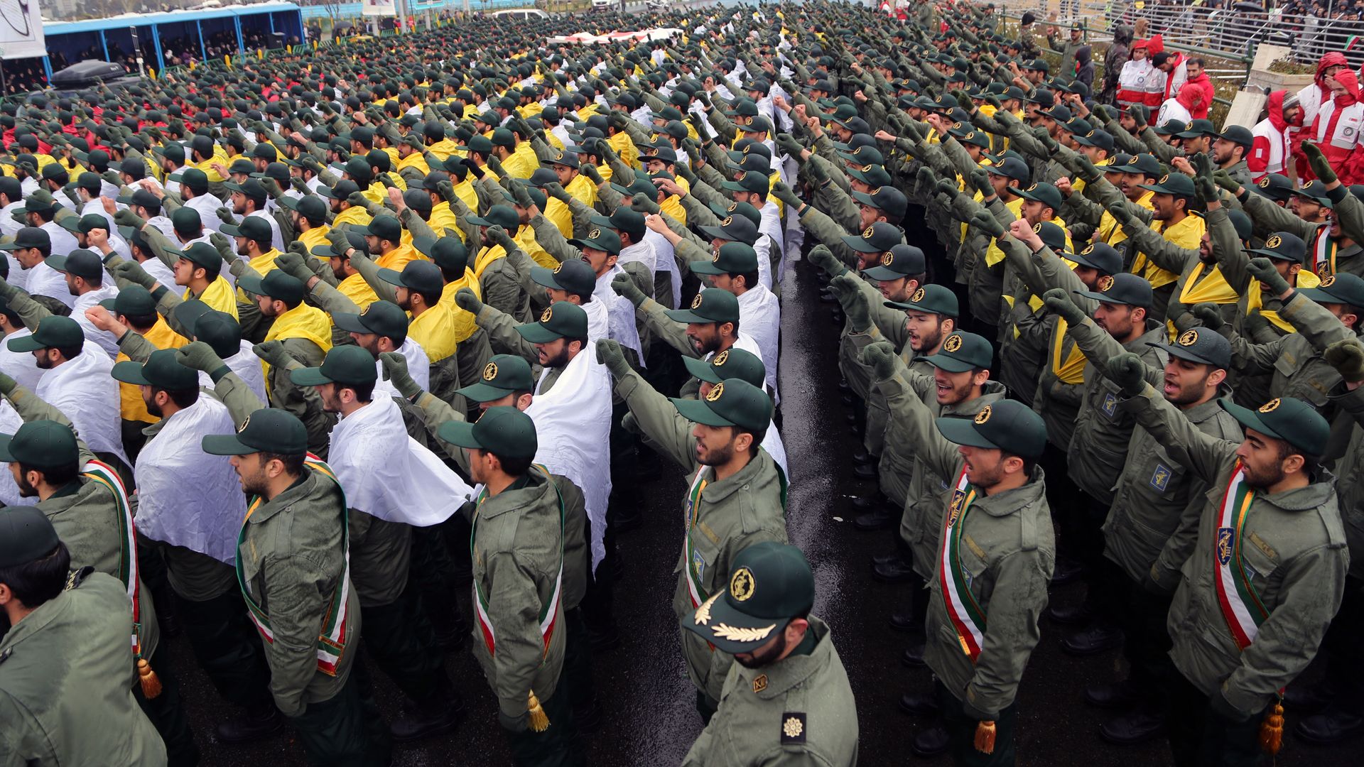 Members of Iran's Islamic Revolutionary Guard chant at a rally marking the 40th anniversary of Iran's Islamic Revolution held at Azadi Square in Tehran