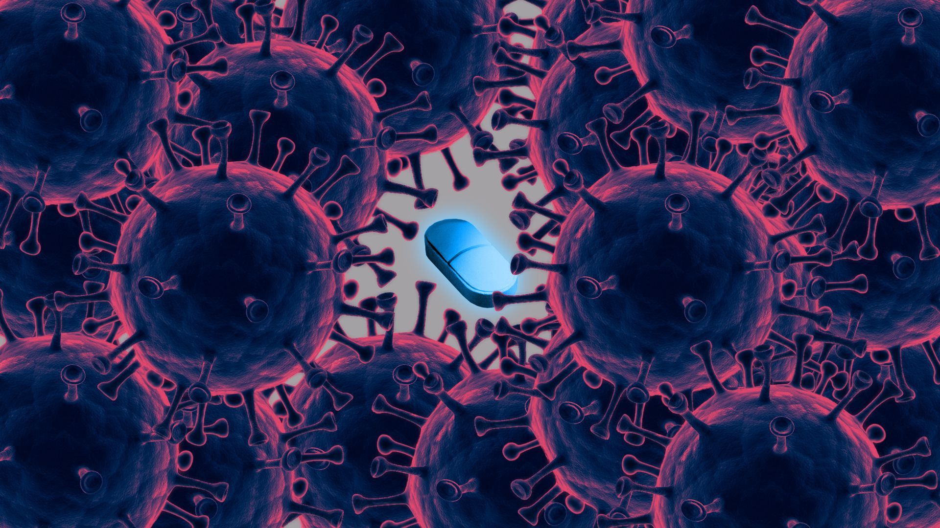 Illustration of a bright blue pill is surrounded by dark coronavirus images