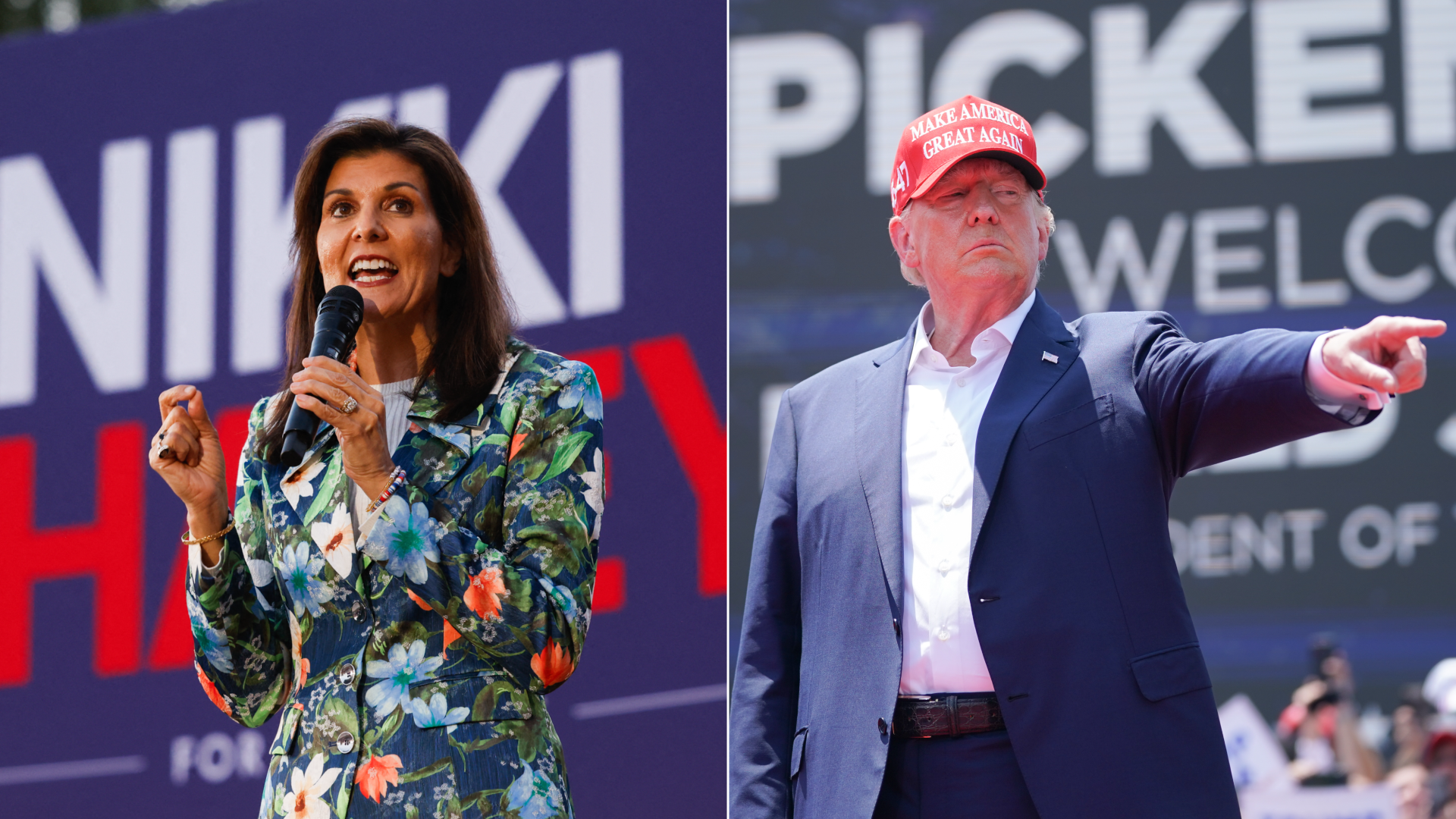 Side-by-side of Nikki Haley and Donald Trump speaking to supporters