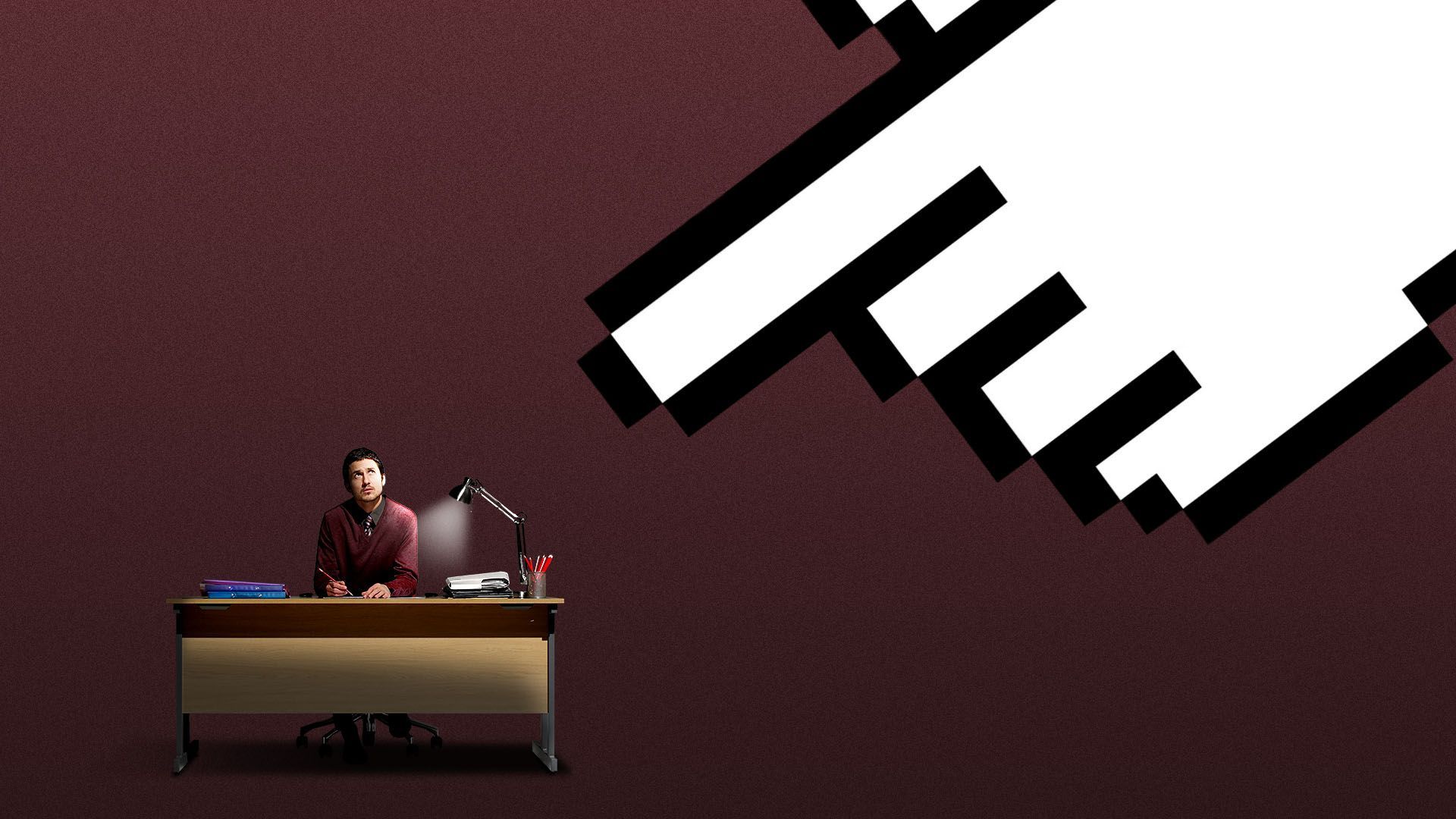 Illustration of a giant hand cursor pointing at a small employee at a desk