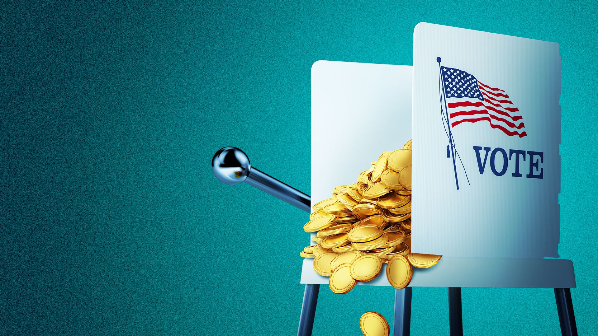 Illustration of a voting booth with a slot machine lever and a pile of gold coins
