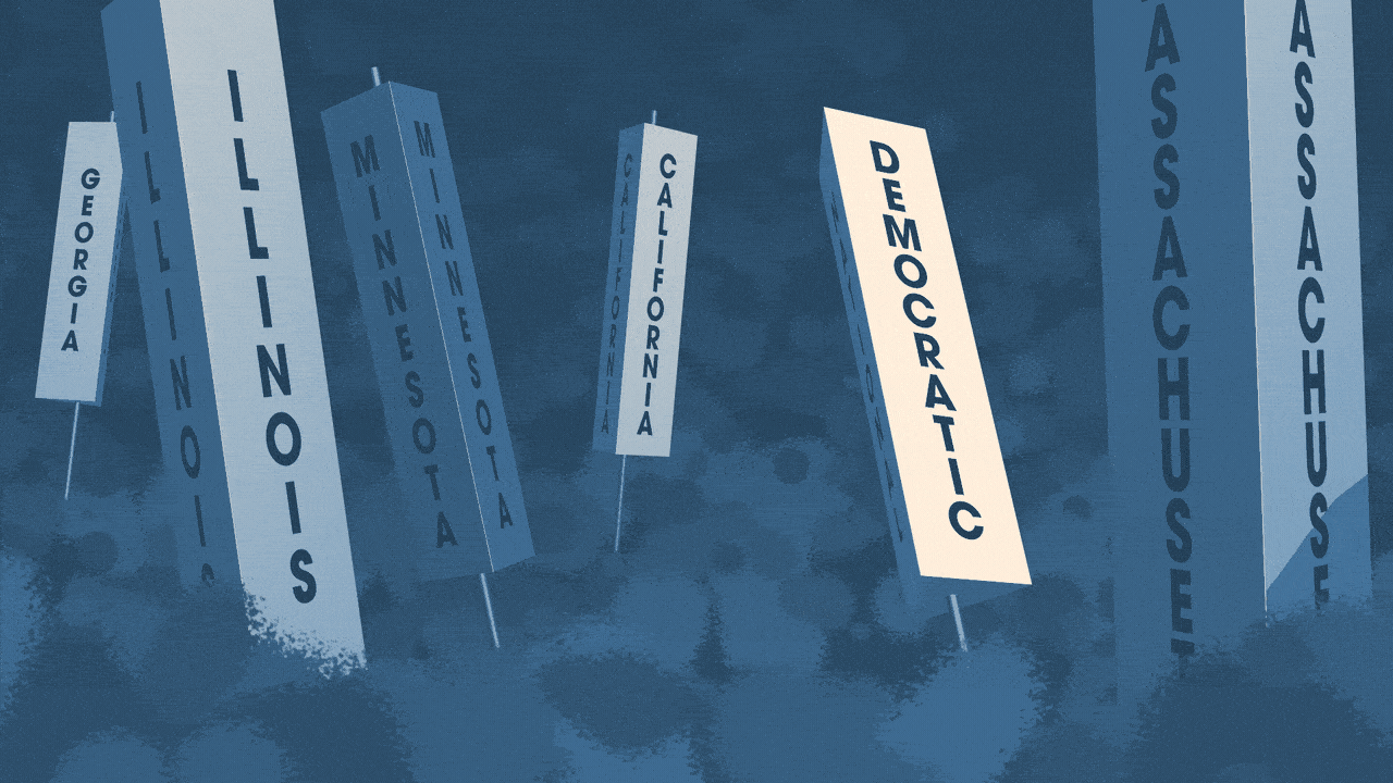 Animated illustration of an abstracted political convention crowd, camera flashes, and tall signs with the names of states running vertically down them. One sign spins to reveal the words DEMOCRATIC NATIONAL CONVENTION.