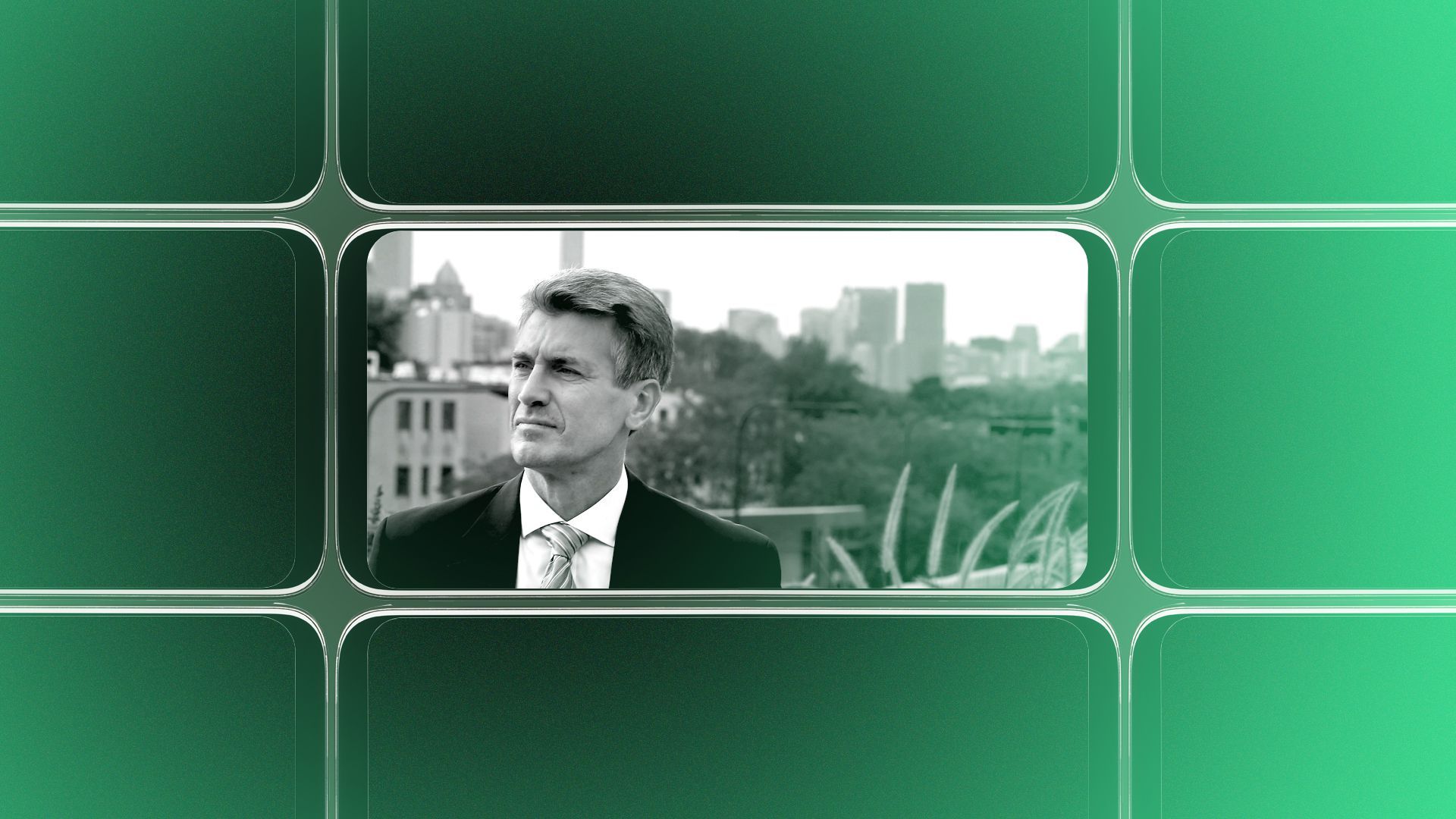 Photo illustration of an array of phone screens, with former Minneapolis Mayor R.T. Rybak on the center one.