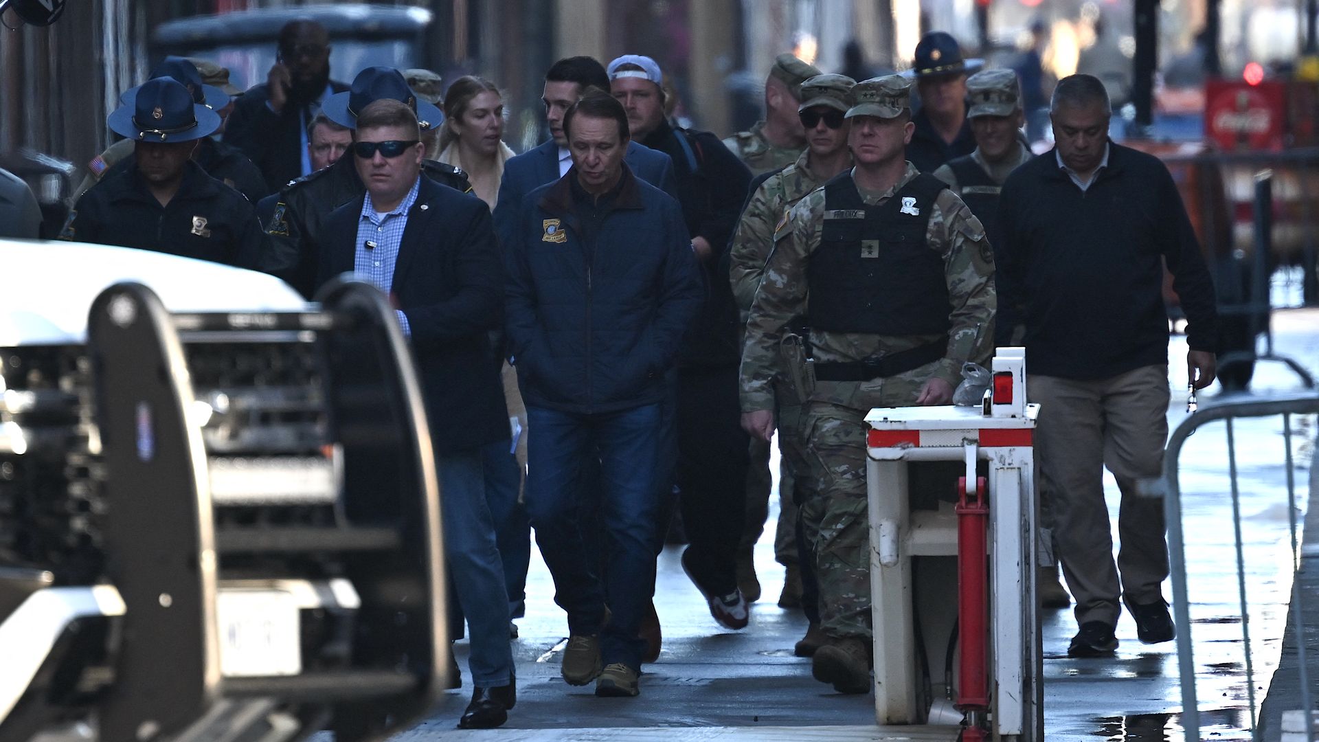Photo shows Louisiana Gov. Jeff Landry and officials inspecting Bourbon Street.