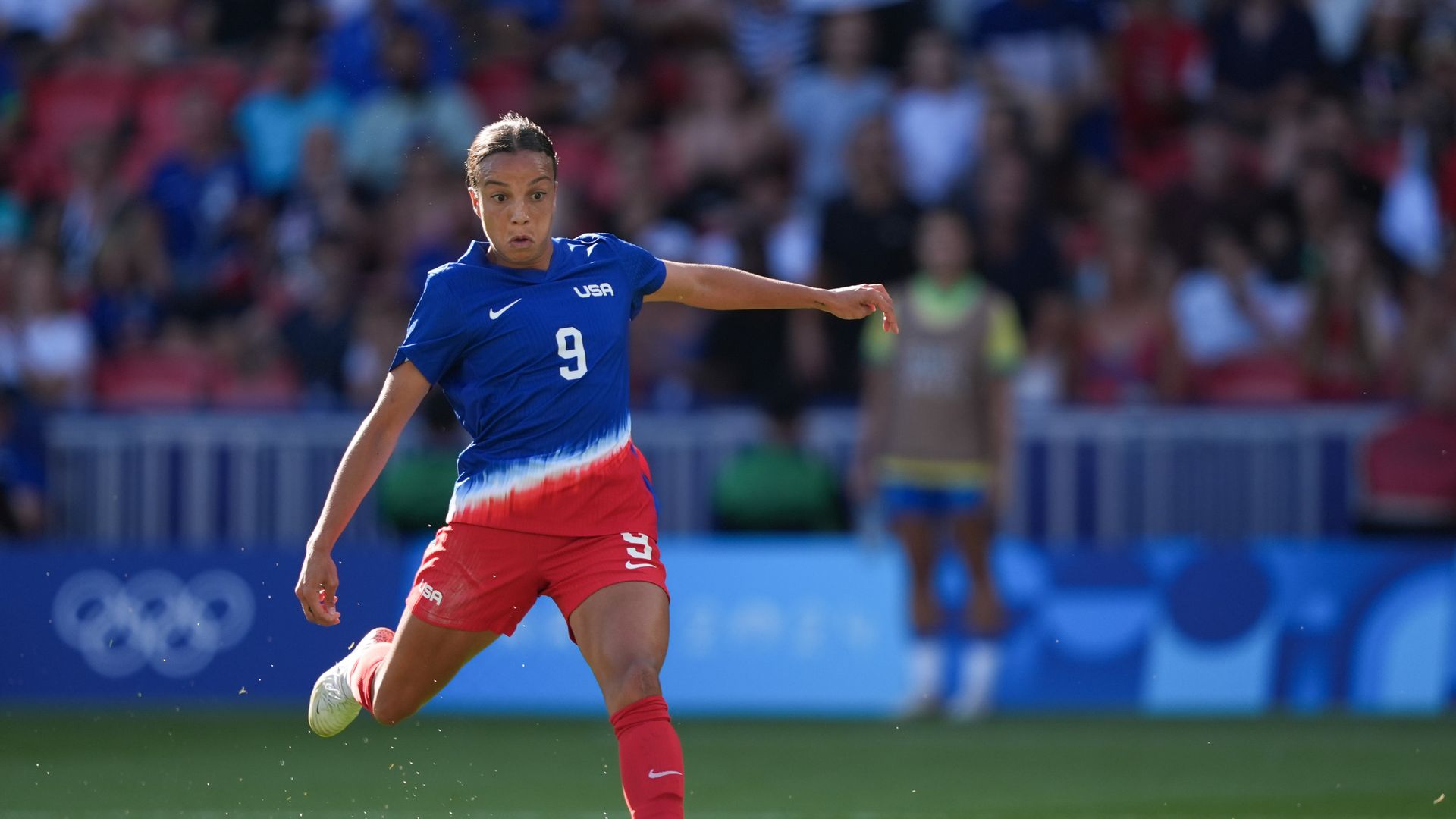 Mallory Swanson #9 of the United States scores a goal against Brazil in the second half during the Women's Gold Medal match during the Olympic Games Paris 2024 at Parc des Princes on August 10, 2024 in Paris, France