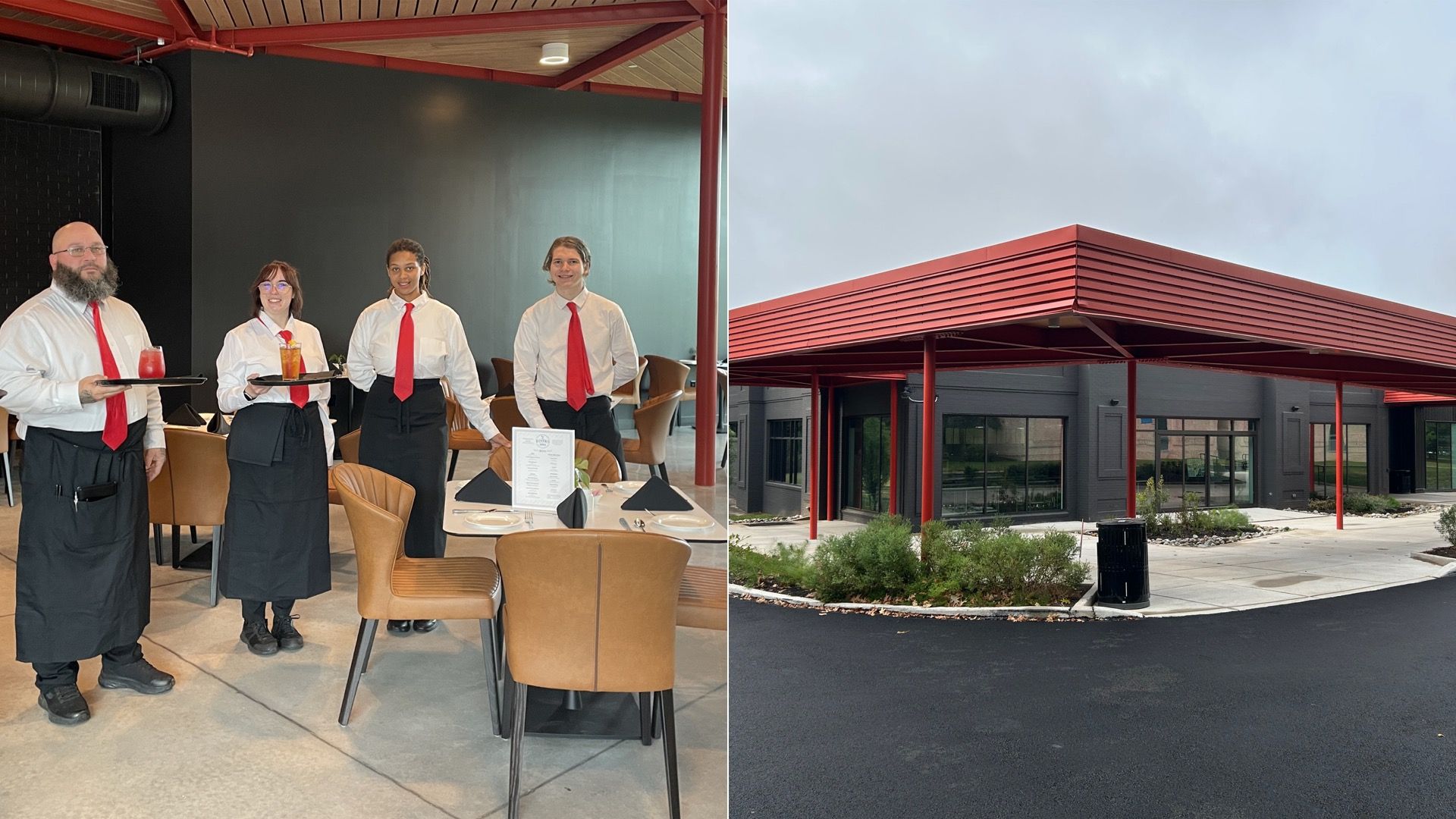 Student waiters, left, inside Bistro1964, pictured on the right, in Blue Bell.
