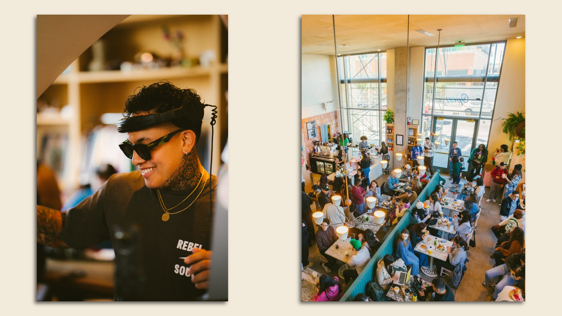 Side-by-side photo showing a male DJ on the left and a crowded coffee shop on the right.