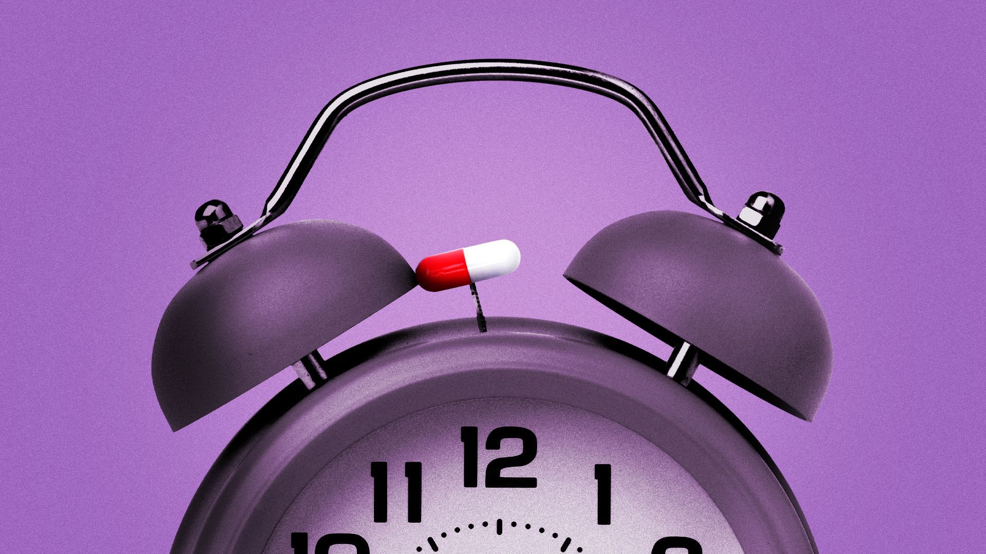 Illustration of a pill capsule as the bell hammer on an alarm clock.