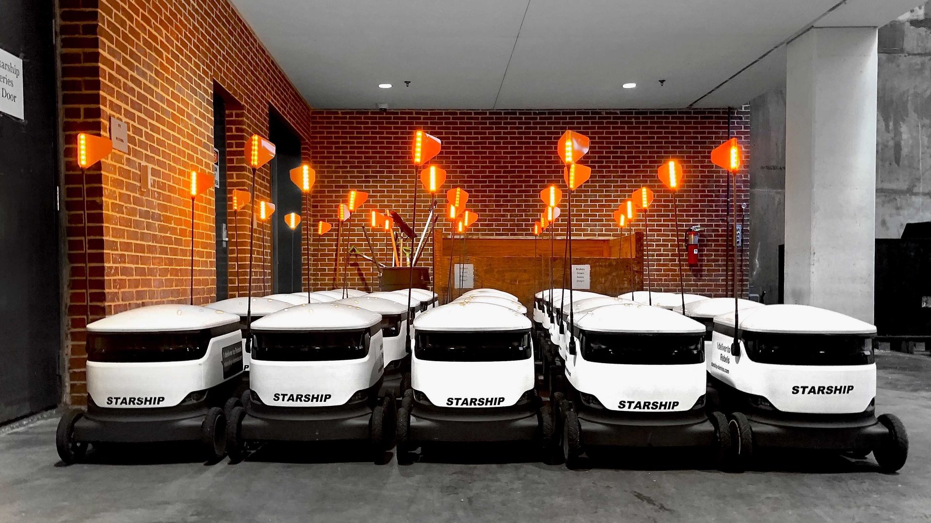 A fleet of delivery robots that bring food to college students at the S.M.U. campus
