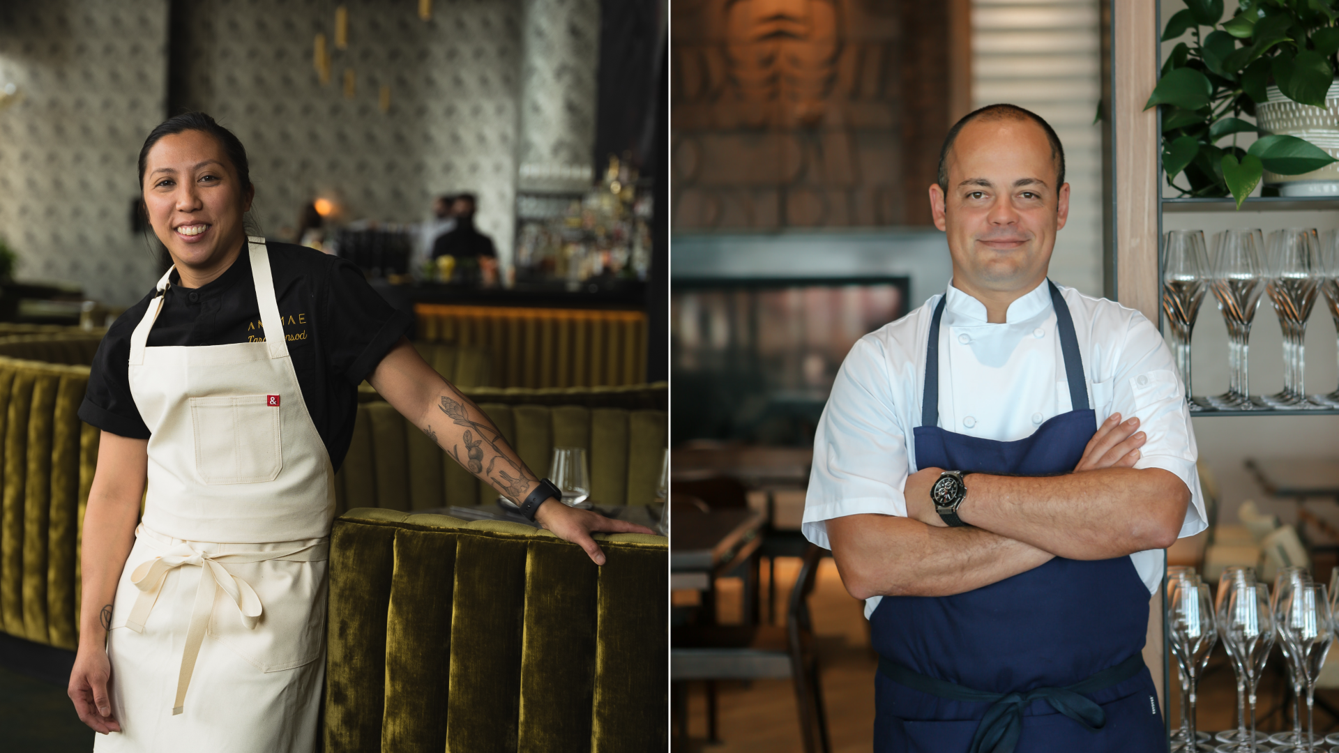 Two chefs stand in their restaurants. 
